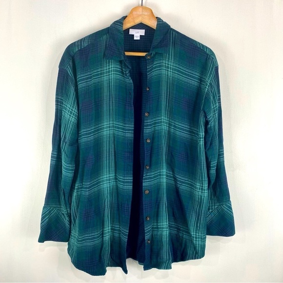 J. Jill 100% Rayon Full Button Up Down Plaid‎ Flannel Shirt Blouse Green Size XS - Picture 1 of 6